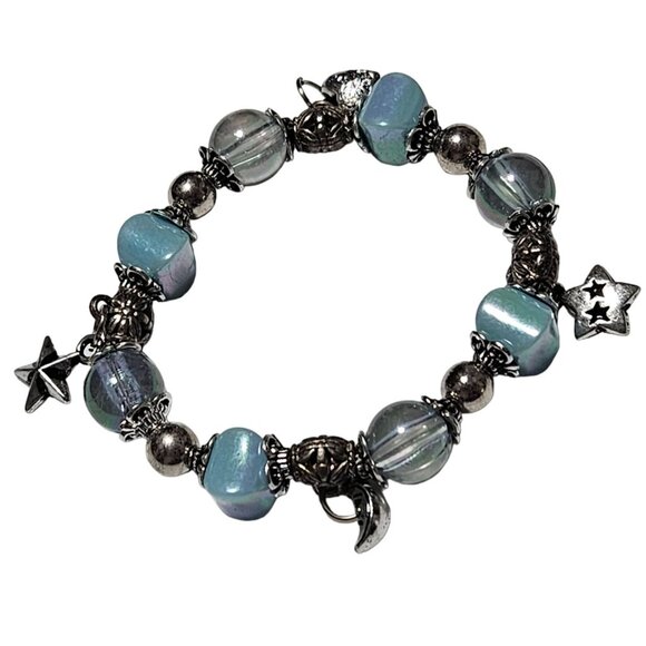 Celestial Beaded Stars Moons Charm Bracelet Blue Beads Stretch Fashion Jewelry - Picture 1 of 4
